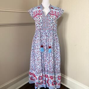 Bella Tu Small 100% Cotton Boho Tassel Midi Dress Red White Blue Sz S Resortwear